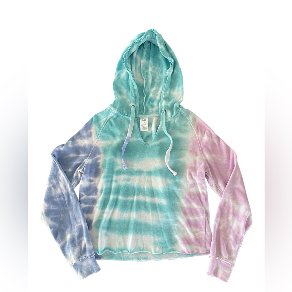 Cropped Cotton V-Neck Tie-Dye Hoodie - Blue, Pink, and Purple, Size Small